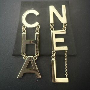 Chanel Light Gold Letter Long Pierced Drop Earrings Excellent Condition